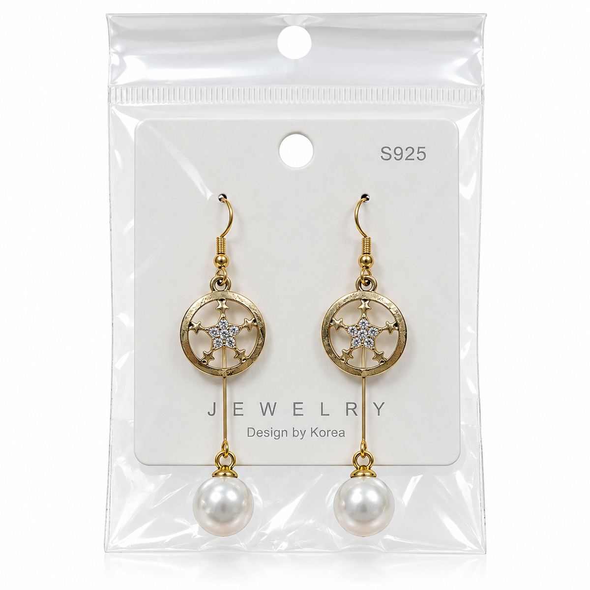 Gold-tone circular star earrings with long white pearl-style bead drops