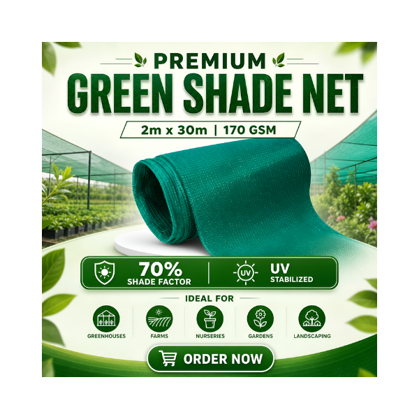 Green Shade Net  | 170 GSM | 70% Shade Factor | UV Stabilized Heavy-Duty Shade Cloth for Garden, Greenhouse & Farming