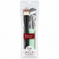 Black makeup brush beside a mint-coloured beauty accessory in clear-front packaging