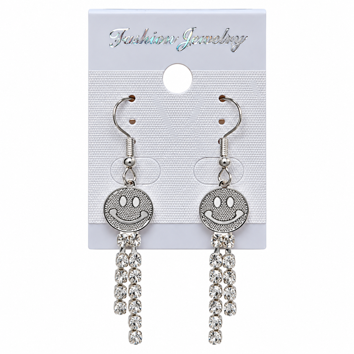 Silver-tone smiley face hook earrings with dangling clear stone-look tassels