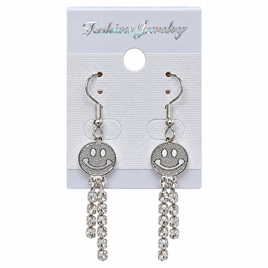 Silver-tone smiley face hook earrings with dangling clear stone-look tassels