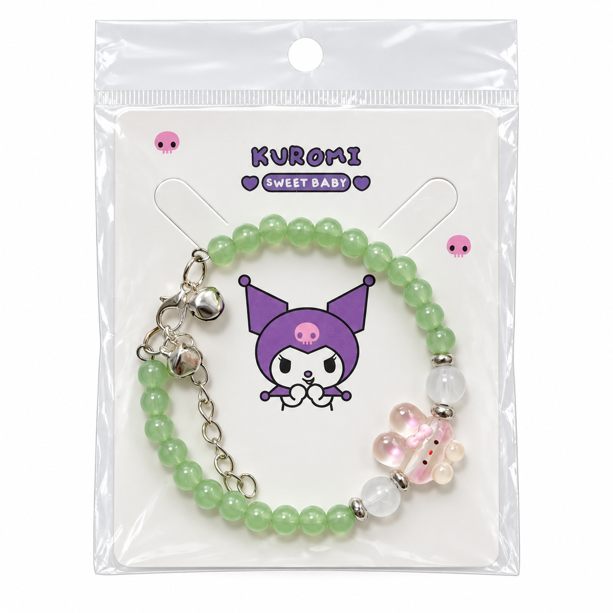 Pastel green beaded bracelet with a pink bunny charm on a display card