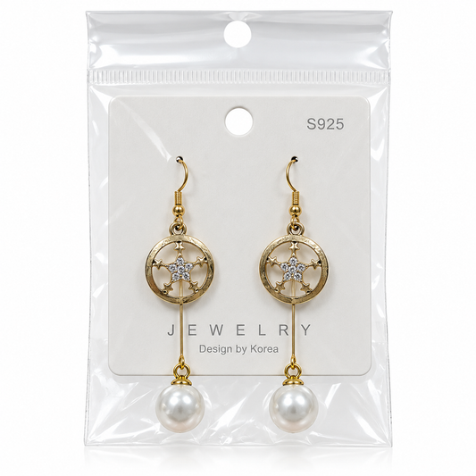 Gold-tone circular star earrings with long white pearl-style bead drops