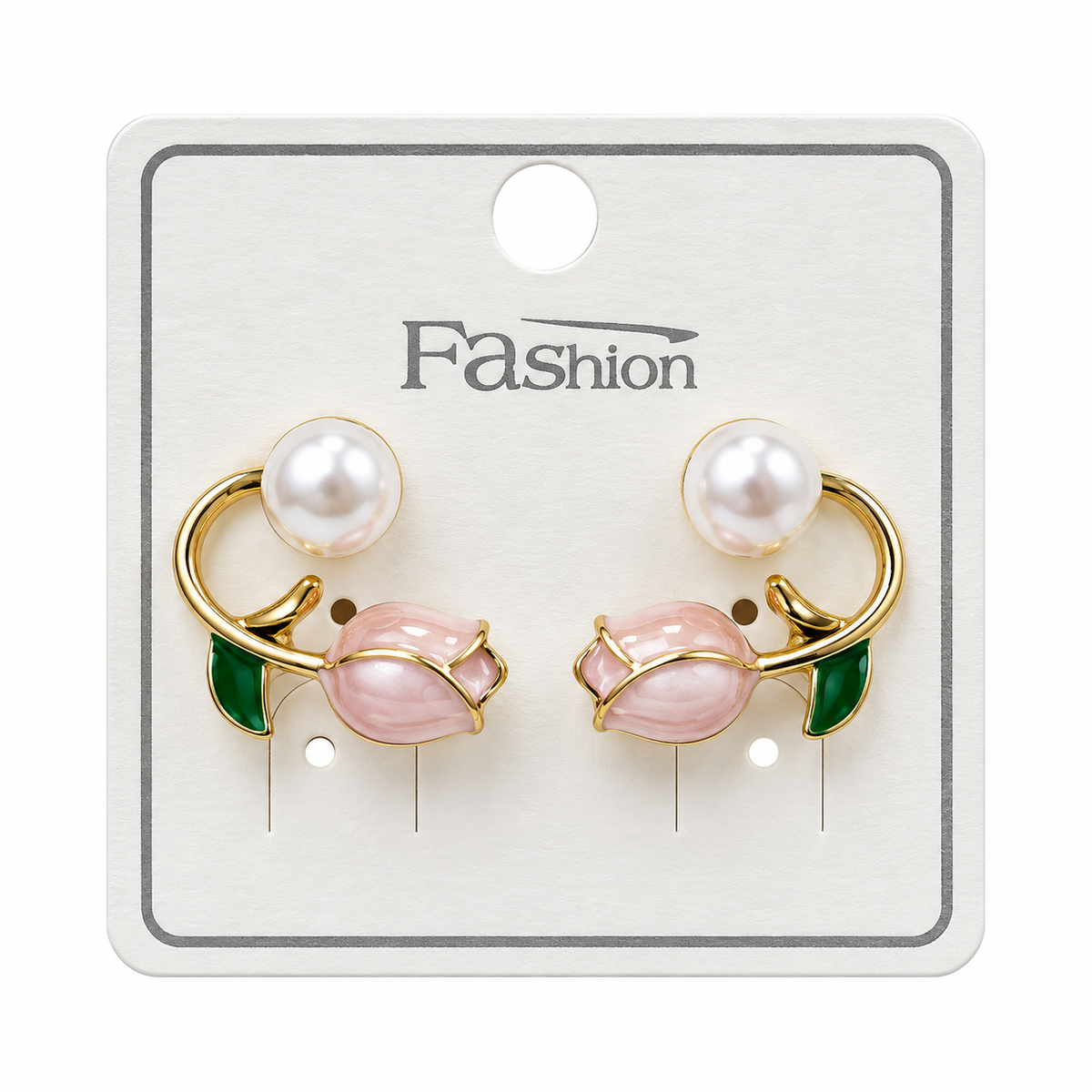 Pink tulip earrings with green leaves, gold-tone curved stems and white pearl-style accents