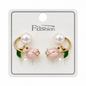 Pink tulip earrings with green leaves, gold-tone curved stems and white pearl-style accents