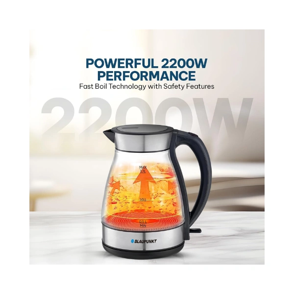 Blaupunkt Cordless Glass Kettle 2200W – 1.7L Borosilicate Body, Soft Blue LED Light, Auto Shut-Off, Boil Dry Protection, Concealed Heating Element, 360° Swivel Base, Spill-Free Spout – BKG422 - Image 5