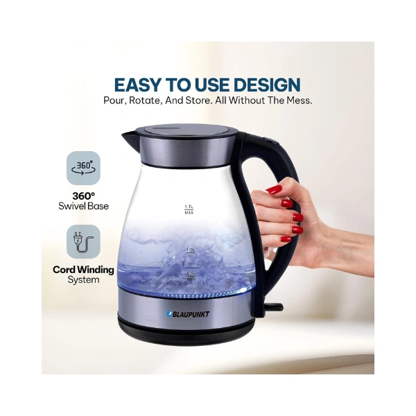 Blaupunkt Cordless Glass Kettle 2200W – 1.7L Borosilicate Body, Soft Blue LED Light, Auto Shut-Off, Boil Dry Protection, Concealed Heating Element, 360° Swivel Base, Spill-Free Spout – BKG422 - Image 4