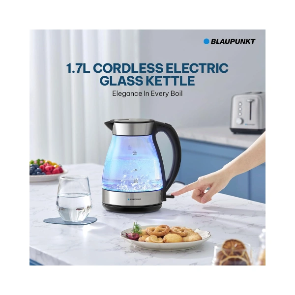Blaupunkt Cordless Glass Kettle 2200W – 1.7L Borosilicate Body, Soft Blue LED Light, Auto Shut-Off, Boil Dry Protection, Concealed Heating Element, 360° Swivel Base, Spill-Free Spout – BKG422 - Image 3