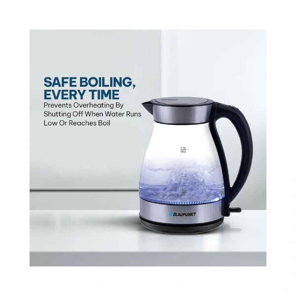 Blaupunkt Cordless Glass Kettle 2200W – 1.7L Borosilicate Body, Soft Blue LED Light, Auto Shut-Off, Boil Dry Protection, Concealed Heating Element, 360° Swivel Base, Spill-Free Spout – BKG422 - Image 2