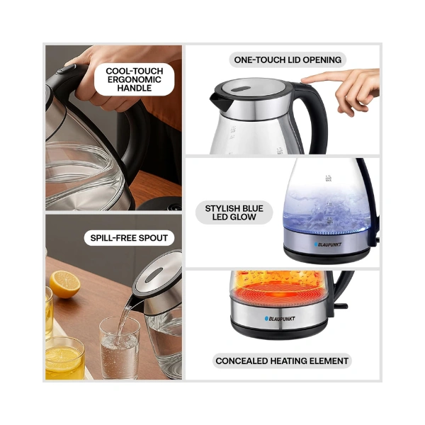 Blaupunkt Cordless Glass Kettle 2200W – 1.7L Borosilicate Body, Soft Blue LED Light, Auto Shut-Off, Boil Dry Protection, Concealed Heating Element, 360° Swivel Base, Spill-Free Spout – BKG422 - Image 6