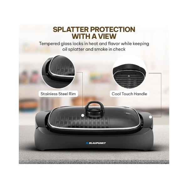 Blaupunkt Indoor Grill 2200W – Ceramic Coated Non-Stick Grilling Plate, Dual Cooking Surface for Meat & Veggies, Glass Lid, Drip Tray, Adjustable Temperature, Low-Smoke, Easy Clean – KGT422 - Image 4