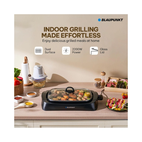 Blaupunkt Indoor Grill 2200W – Ceramic Coated Non-Stick Grilling Plate, Dual Cooking Surface for Meat & Veggies, Glass Lid, Drip Tray, Adjustable Temperature, Low-Smoke, Easy Clean – KGT422 - Image 2