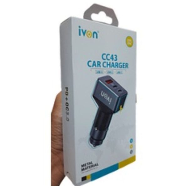 Ivon 45W Metal Car Charger - 1 USB-A & 2 USB-C Ports Fast Charging (CC43) - Image 2