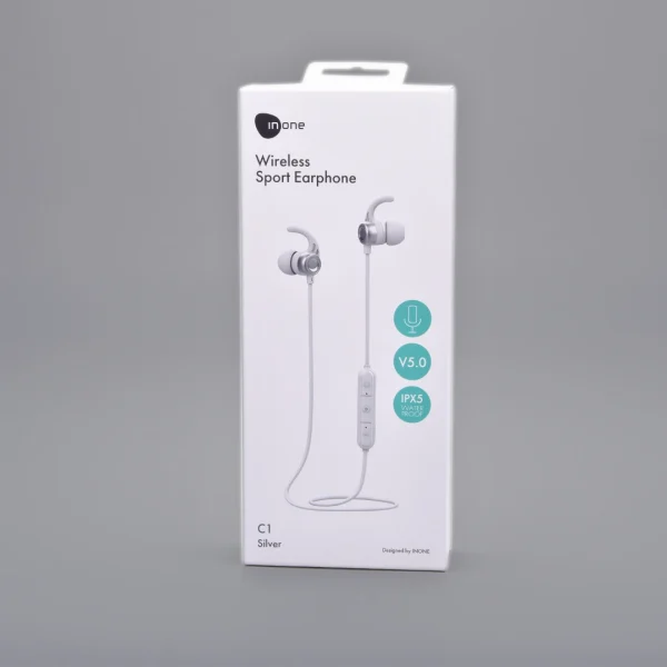 INONE 7C1 Wireless Sport Earphones – Silver | Sweatproof, Lightweight, Long Battery Life