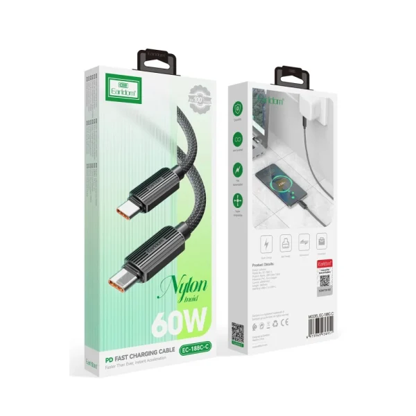 EarldomEC-188CC 1M 60W Nylon Braided Wired Type-C to Type-C PD Fast Charging Cable - Black - Image 2