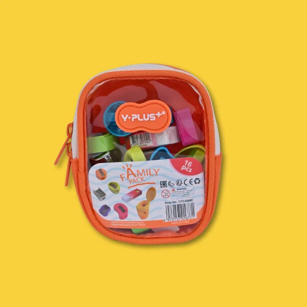 Y-Plus+ Family Pack – Sharpener & Eraser Set in Zipper Pouch – 16 Pieces