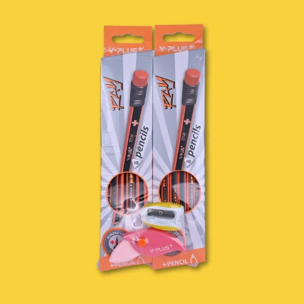 Y-PLUS+ RAY HB Pencil Set – 2 Pencils + 2 Ergonomic Erasers + Sharpener – Smooth Writing & Clean Erasing