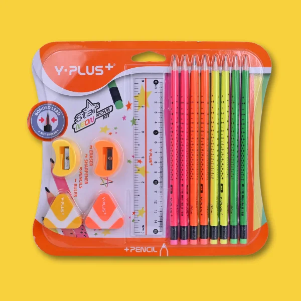 Y-PLUS+ ASST Stationery Set in Blister – 8 Pencils + 2 Sharpeners + 2 Erasers + 1 Ruler – Complete School & Office Kit