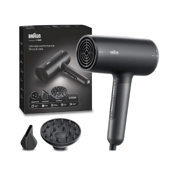 Braun HD4.2 / BRHD425SDE 2100 W Hair Dryer – Super IONTEC Ionic, 3 Temp & 2 Speed + Cold Shot, Nozzle & Diffuser, LED Filter Indicator, Lightweight Design