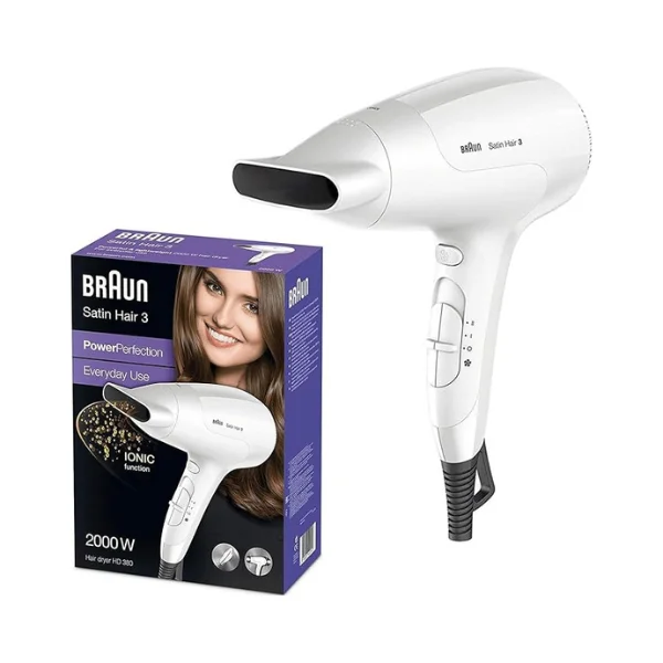 Braun Satin Hair 3 HD380 PowerPerfection 2000W Ionic Hair Dryer – 3 Heat / 2 Speed + Cool Shot, Concentrator Nozzle, Lightweight & Compact Design