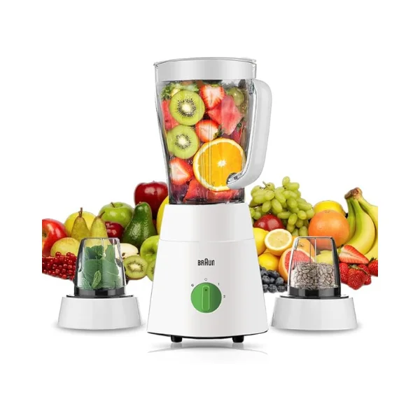 Braun PowerBlend 1 JB0123 Jug Blender – 500 W, 1.5 L Capacity, TriAction Technology, 2 Speeds + Ice Crush / Pulse, Chopper & Grinder Mills Included