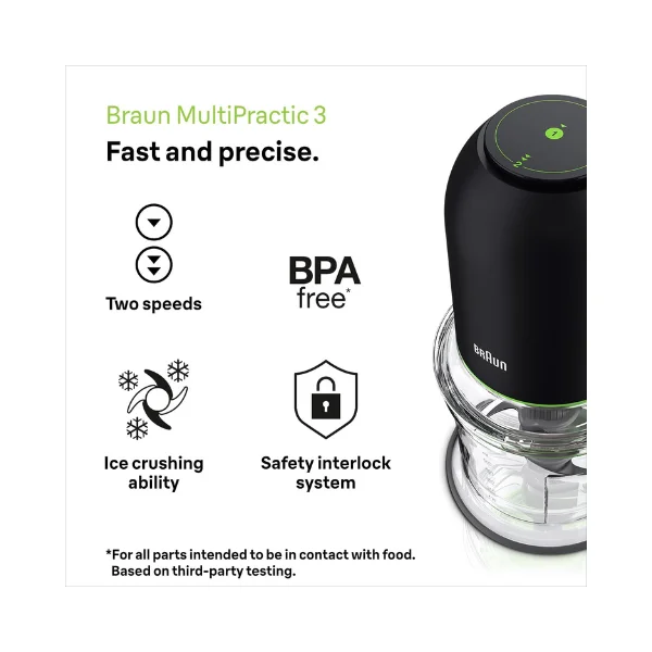 Braun MultiPractic 3 CH3013BK Mini Chopper – 500 W, Advanced QuadBlade, 2 Speeds Push-Control, 500 ml Capacity, Dishwasher-Safe, Safety Lock - Image 4