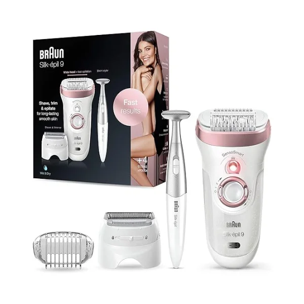 Braun Silk·épil SES 9890 SensoSmart Wet & Dry Epilator – 40 Tweezers, 10 Intensity Levels, LED Light, Exfoliation Brushes