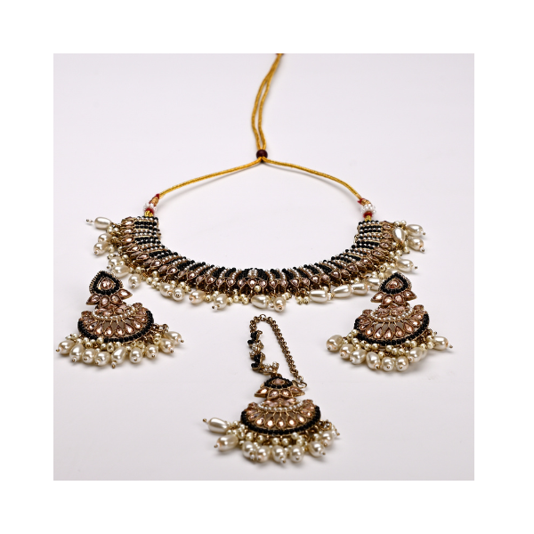Antique Gold Pearl Choker Set with Jhumka Earrings & Maang Tikka