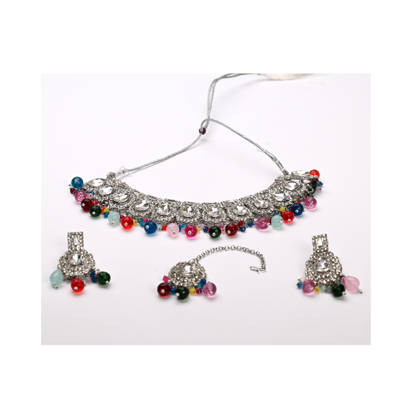 Colorful Beaded Statement Jewelry Set – Silver Finish