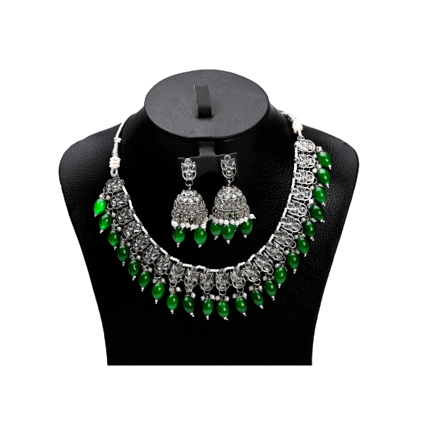 Silver Oxidized Necklace Set with Green Drops & Jhumka Earrings