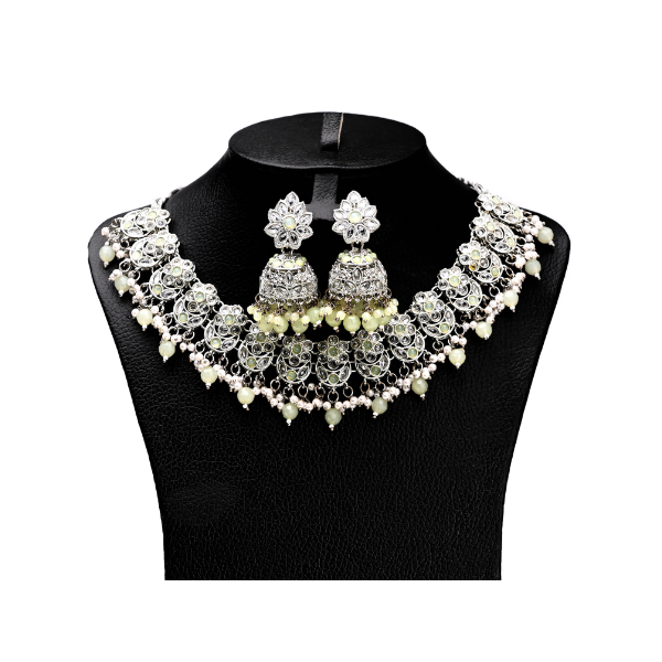 Traditional Oxidized Silver Set with Beige Beads