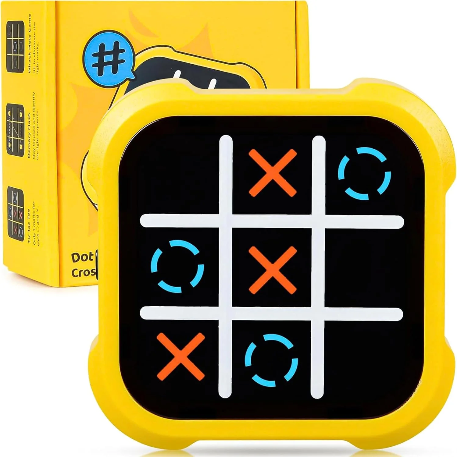Digital Tic Tac Toe Game Console – 4-in-1 Handheld Game (Single Player, Dual Player, Memory Mode & Whack-a-Mole) Rechargeable Yellow Gaming Device for Kids & Adults